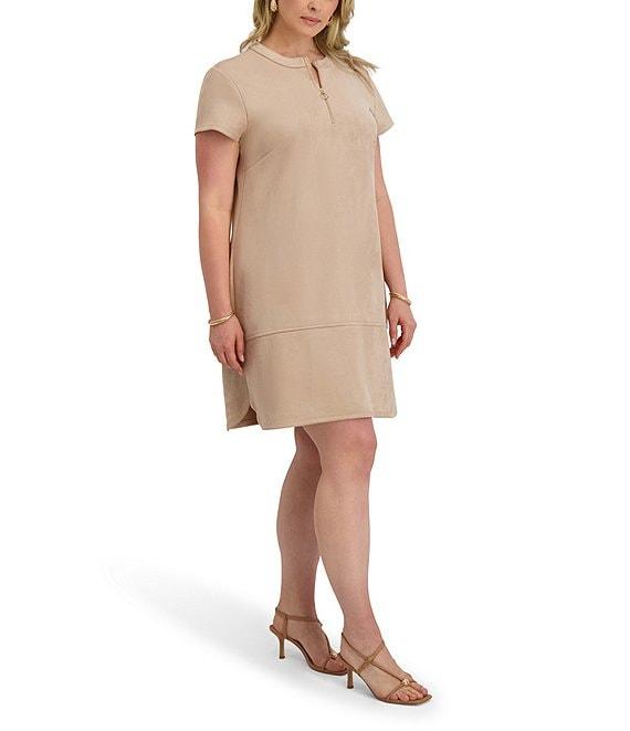 Kensie Plus Size Stretch Suede Short Sleeve Zip Front Sheath Dress Product Image