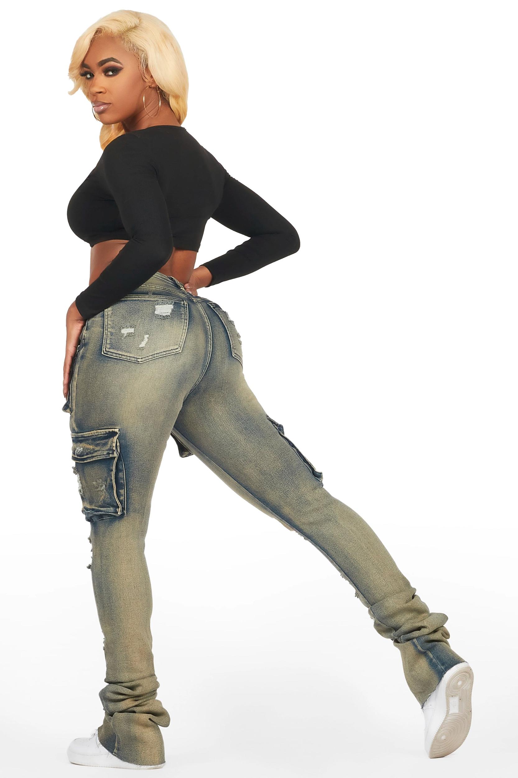 Noor Tinted Dark Wash Cargo Super Stacked Jean Female Product Image