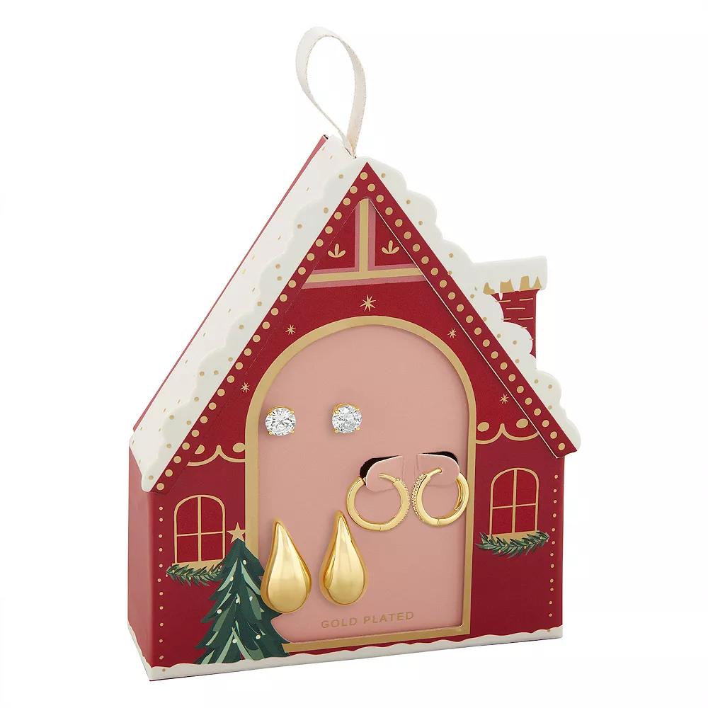 Brilliance Cubic Zirconia Stud & Hoop Earrings Gingerbread House Box Trio Set, Women's, Silver Tone White Product Image