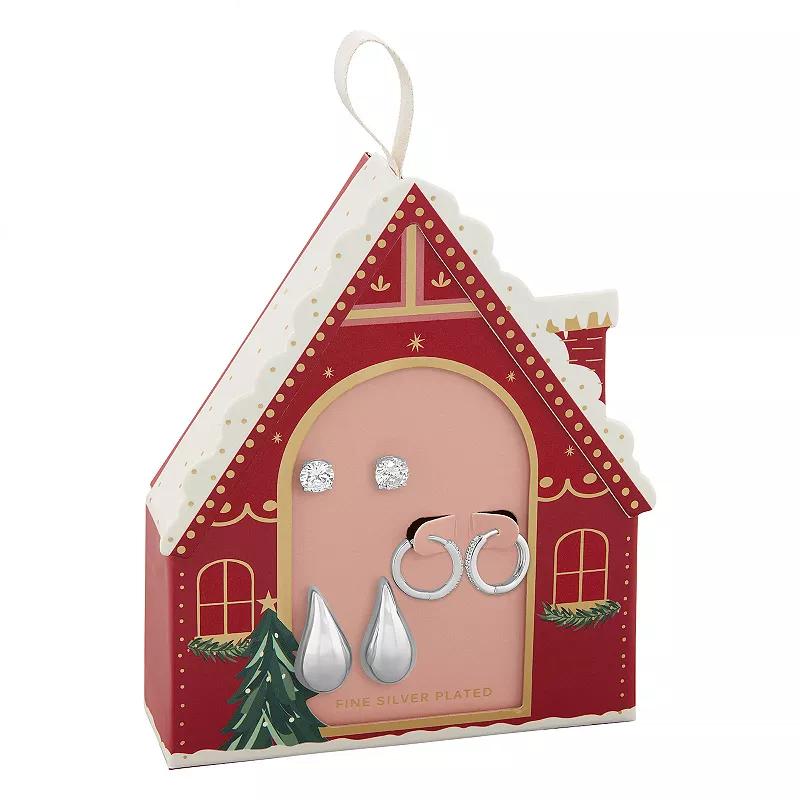 Brilliance Cubic Zirconia Stud & Hoop Earrings Gingerbread House Box Trio Set, Women's, Silver Tone White Product Image