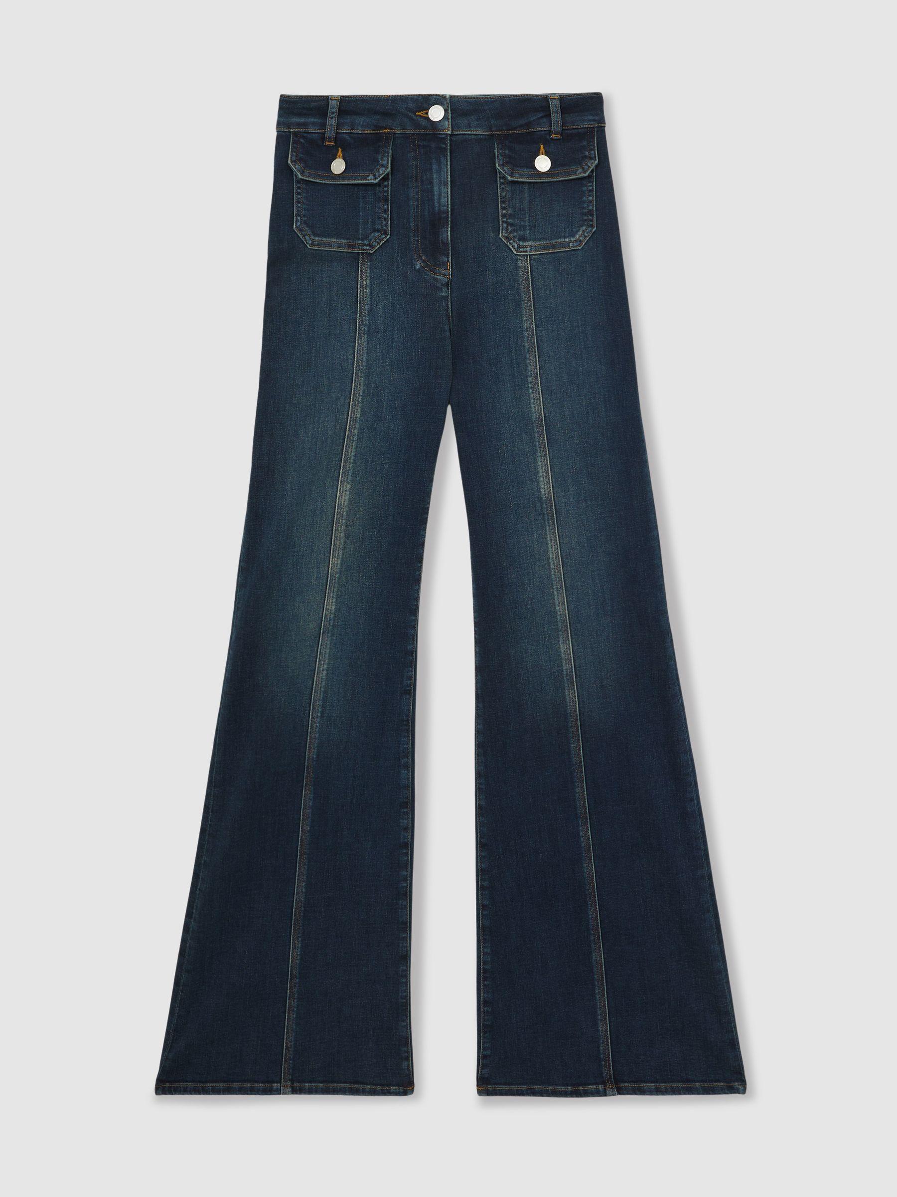 Button-Pocket Flared Jeans in Mid Blue Product Image