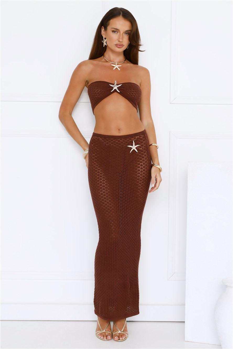 Moonlit Shores Crochet Midi Skirt Chocolate Product Image