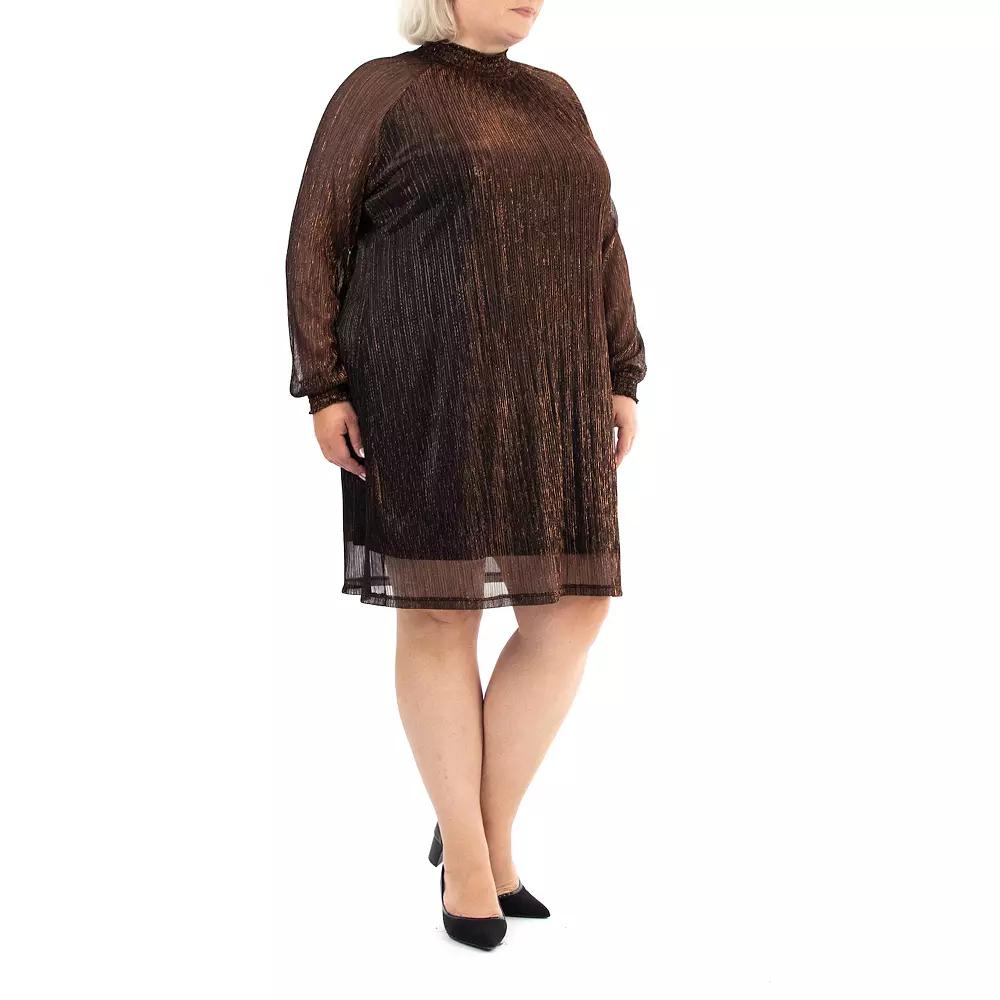 Plus Size Nina Leonard Smockneck Trapeze Dress, Women's, Size: 3XL, Black Brown Product Image