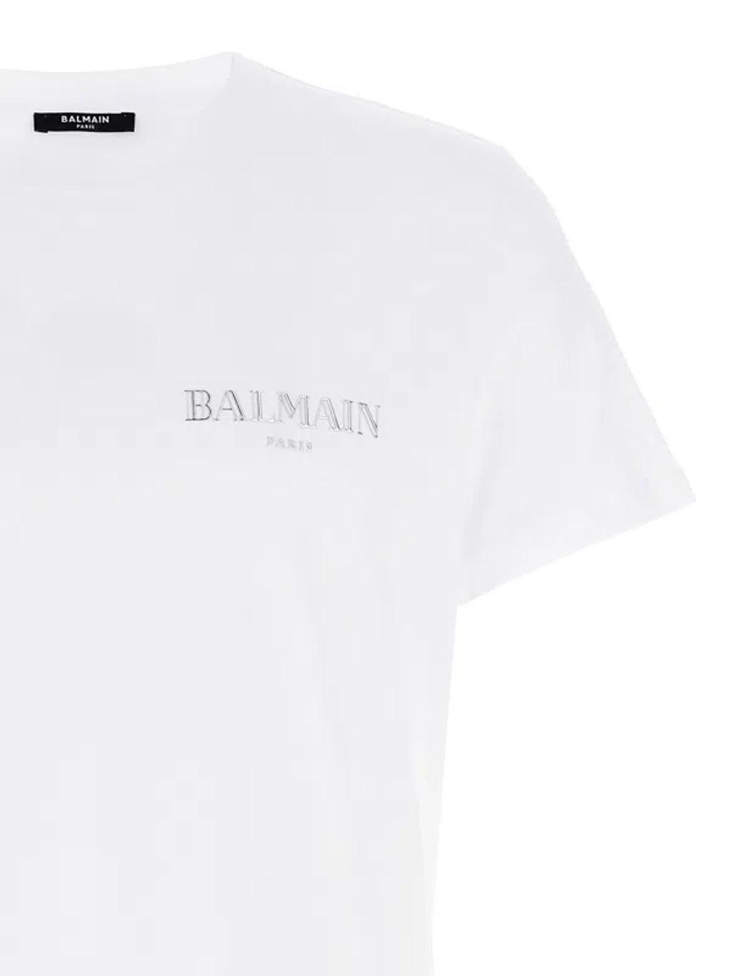 BALMAIN Flocked Logo Classic-fit T-shirt In White Product Image