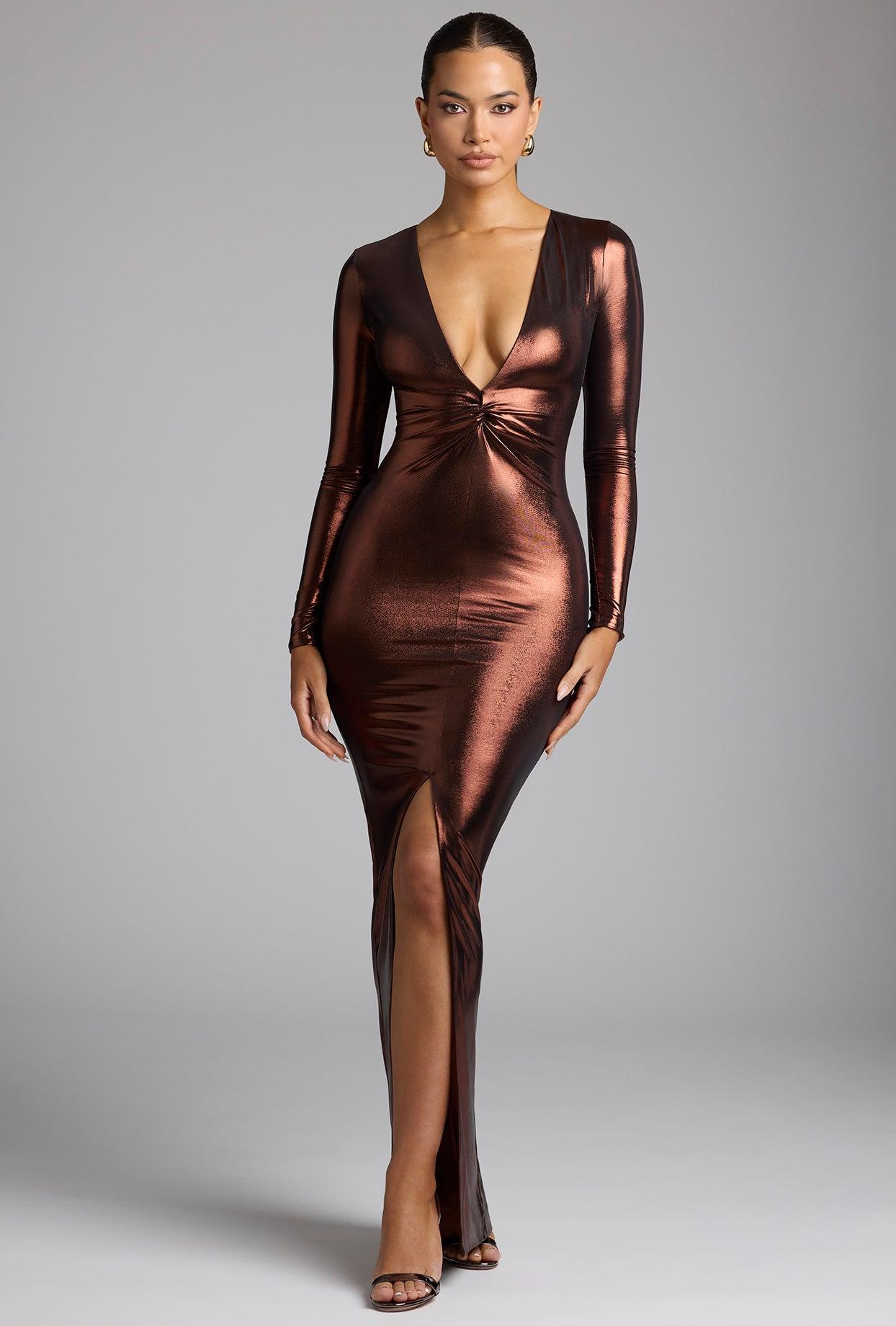 Long Sleeve Metallic Jersey Evening Gown in Copper Bronze Product Image