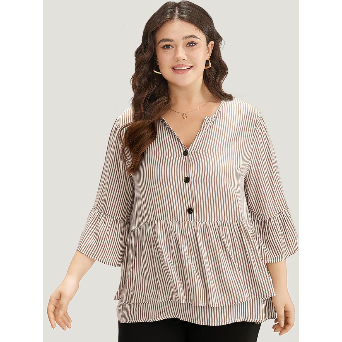 Plus Size Multicolor Striped Button Up Ruffles Bell Sleeve Blouse Women Office Elbow-length sleeve V-neck Office Blouses BloomChic 28/5X Product Image