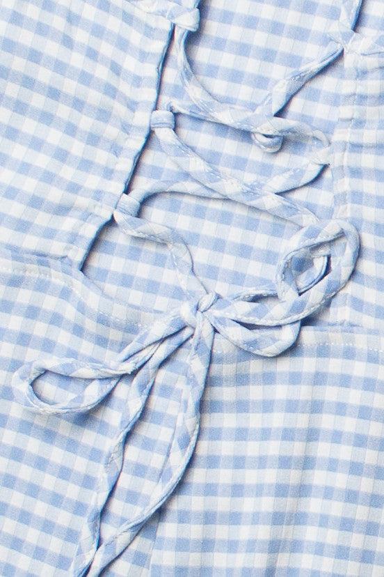 Blue Gingham Lace Up Back Mini Dress Product Image