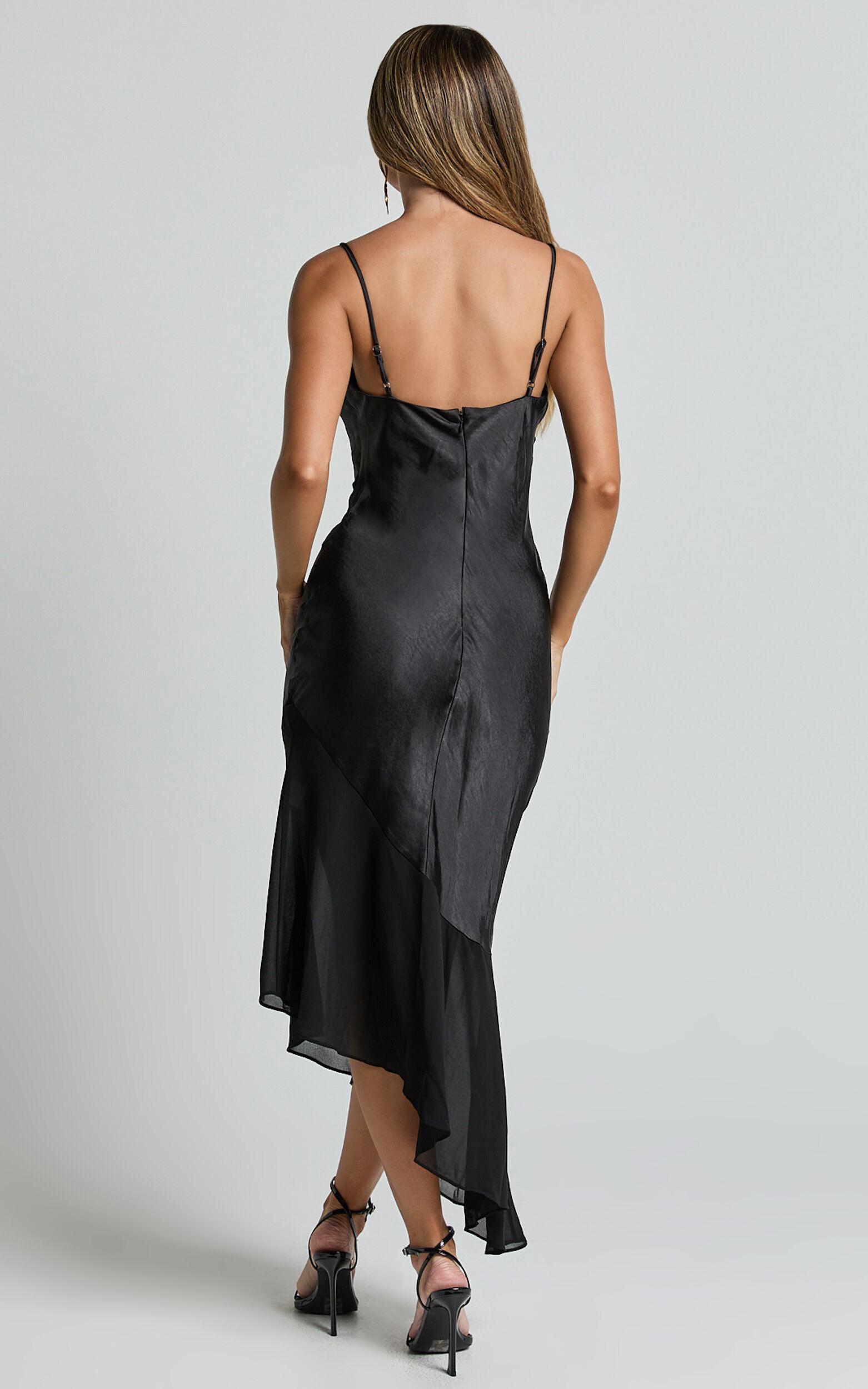 Sansa Midi Dress - Satin Cowl Neck Contrast Hem Asymmetrical Dress in Black Product Image