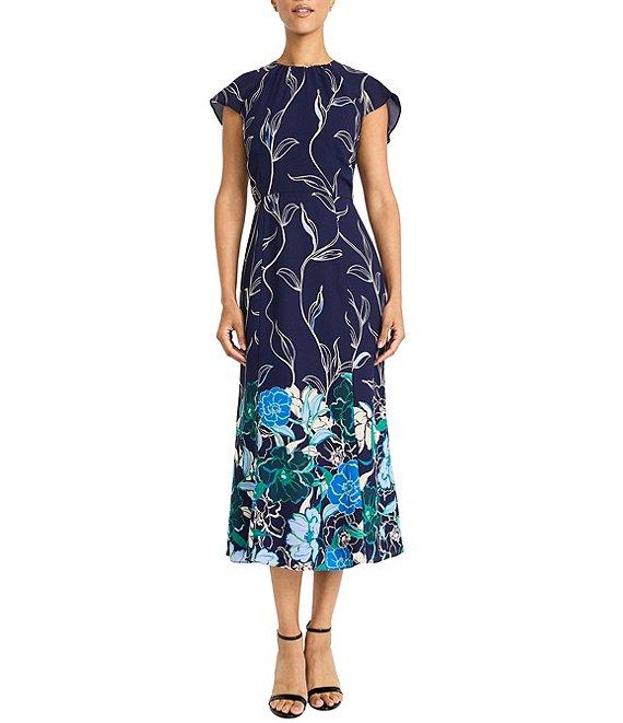 Maggy London Printed Georgette Crew Neck Short Sleeve Back Ruffle A-Line Midi Dress Product Image