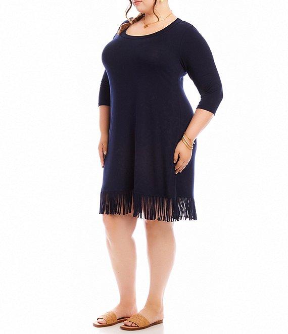 Karen Kane Plus Size Knit Jersey Scoop Neck 3/4 Sleeve Fringe Hem Dress Product Image