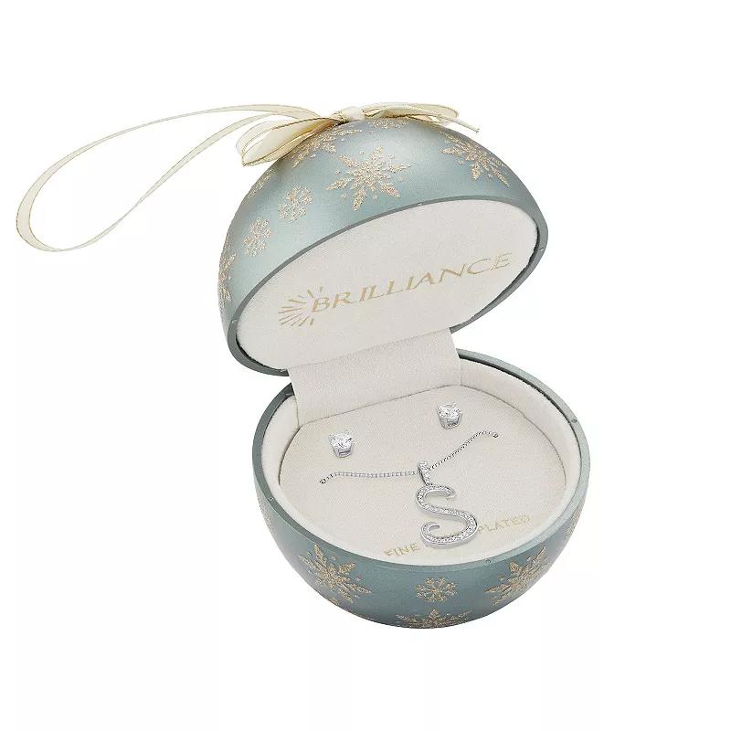 Brilliance Cubic Zirconia Stud Earrings & Script Initial Pendant Necklace Set, Womens Silver Tone U Product Image