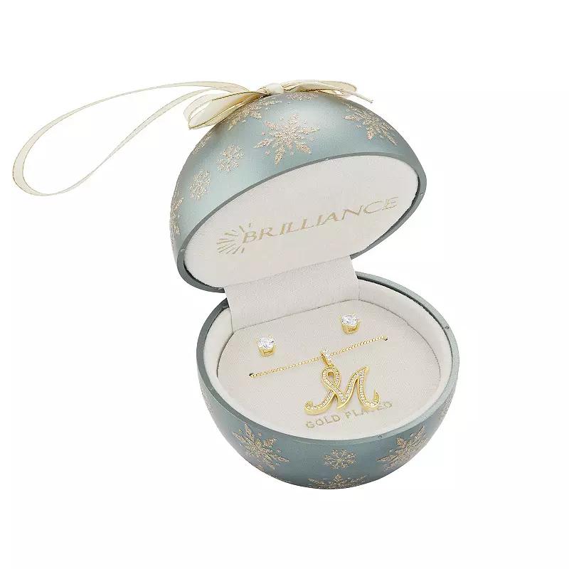 Brilliance Cubic Zirconia Stud Earrings & Bubble Initial Pendant Necklace Set, Womens Silver Tone X Product Image