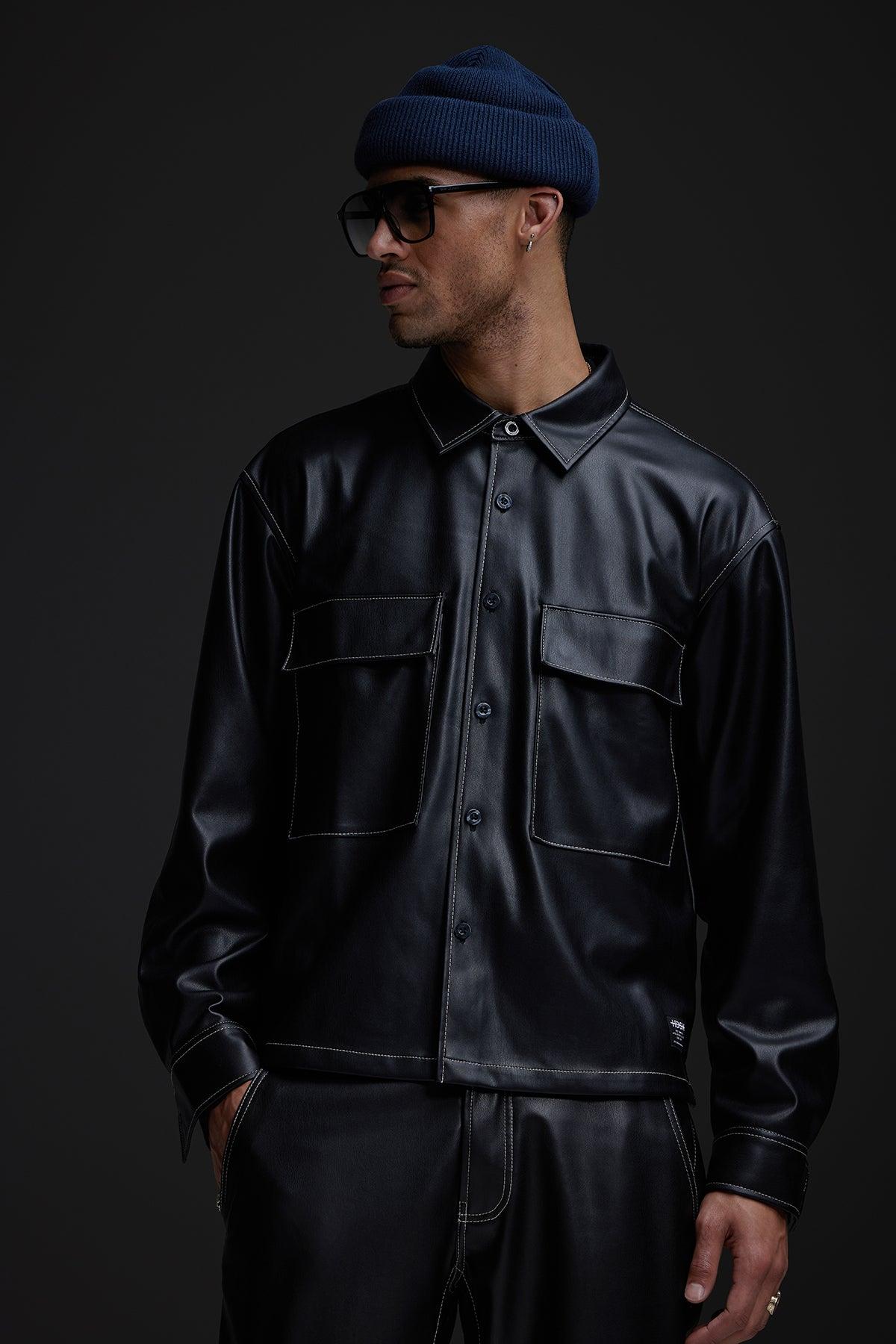 Vegan Leather Shirt Jacket Male Product Image