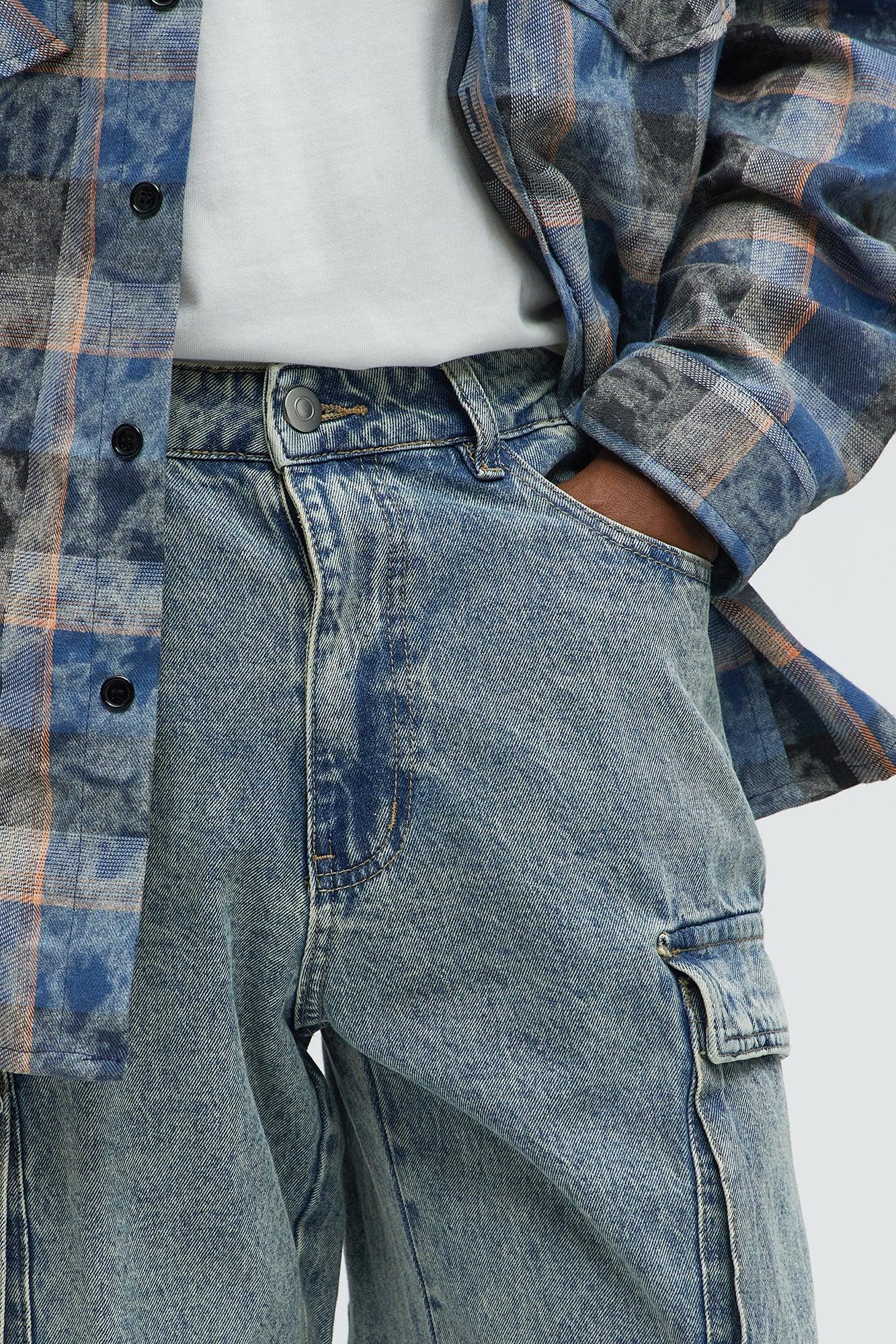 Wish So Many Baggy Cargo Jeans - Medium Blue Wash Product Image