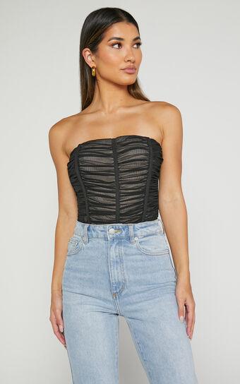 Isabella Bodysuit - Ruched Strapless Mesh Corset in Black Product Image
