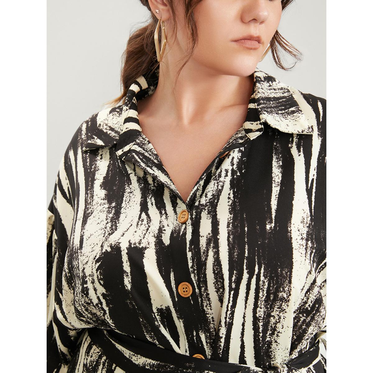 Plus Size Shirt Collar Pocket Belted Button Up Dress Black Women Office Belted Shirt collar Long Sleeve Curvy Midi Dress BloomChic 10/M Product Image