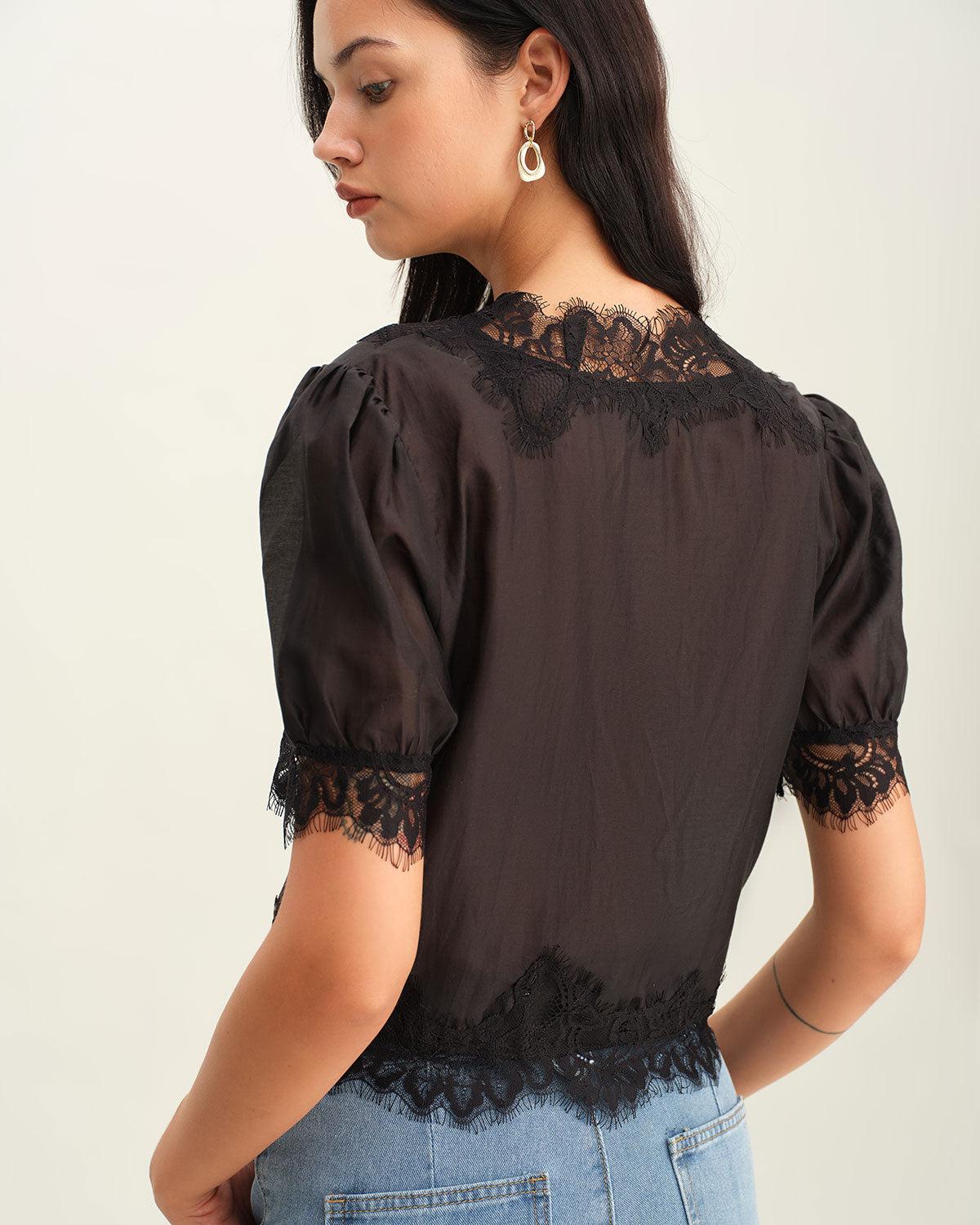 Black Puffed Sleeve Lace Blouse Product Image