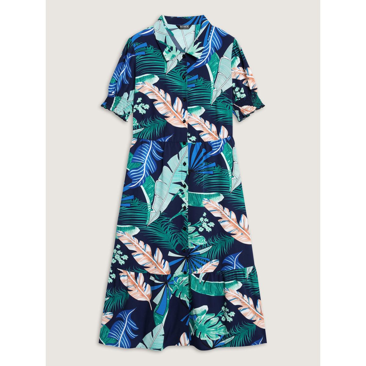 Plus Size Tropical Print Stretchy Waist Pockets Midi Dress Indigo Women Shirt collar Short sleeve Curvy BloomChic 22-24/3X Product Image