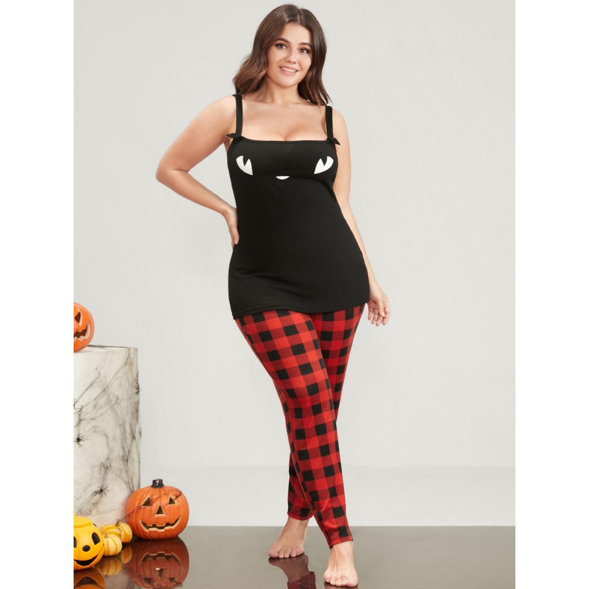 Plus Size Halloween Print Tartan Lounge Set Women Black Graphic-Halloween Printed Sleeveless Spaghetti Strap Casual Loungewear Sets BloomChic 30/6X Product Image