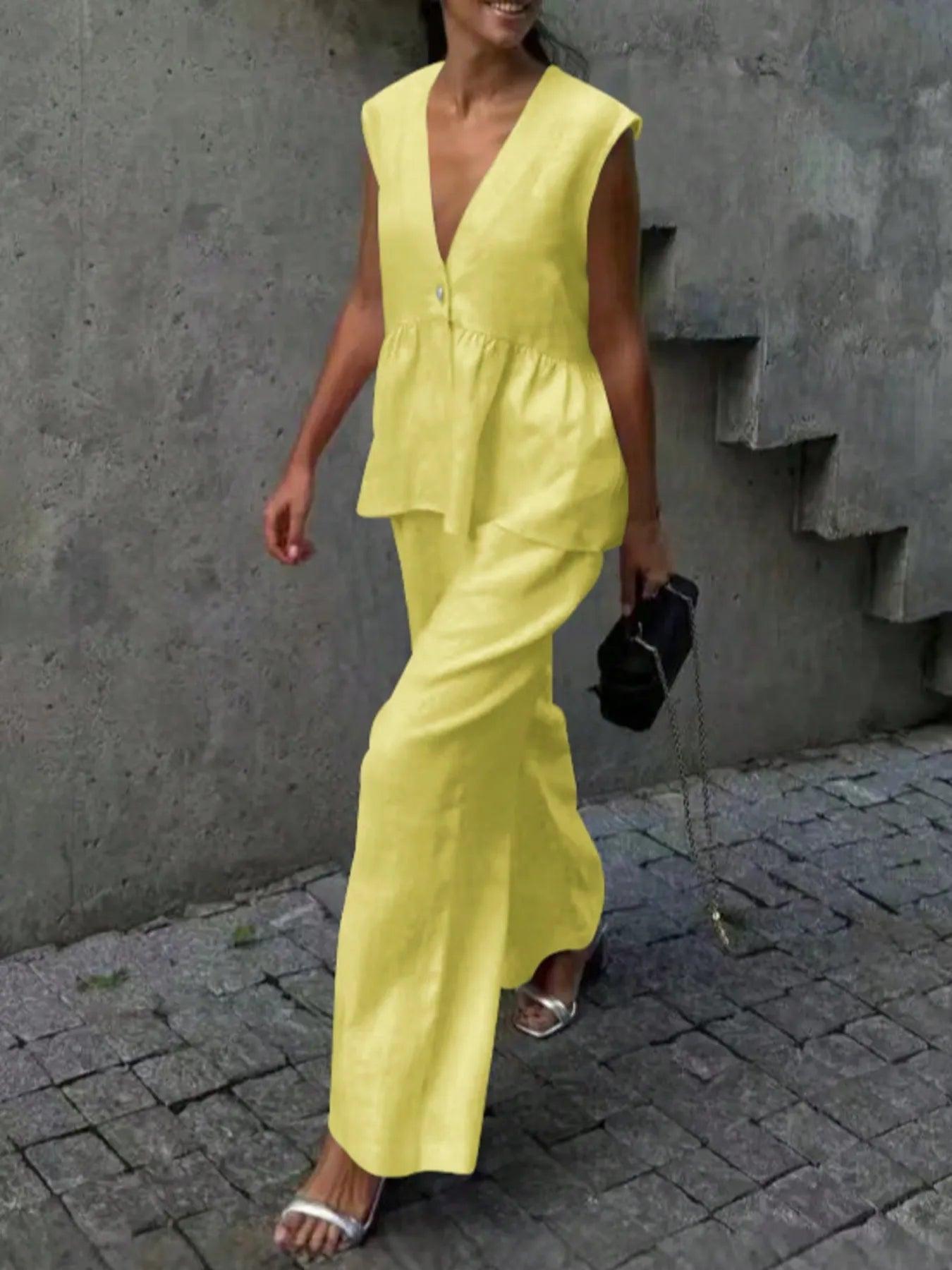 Button Down Peplum Vest and Pants Set Product Image