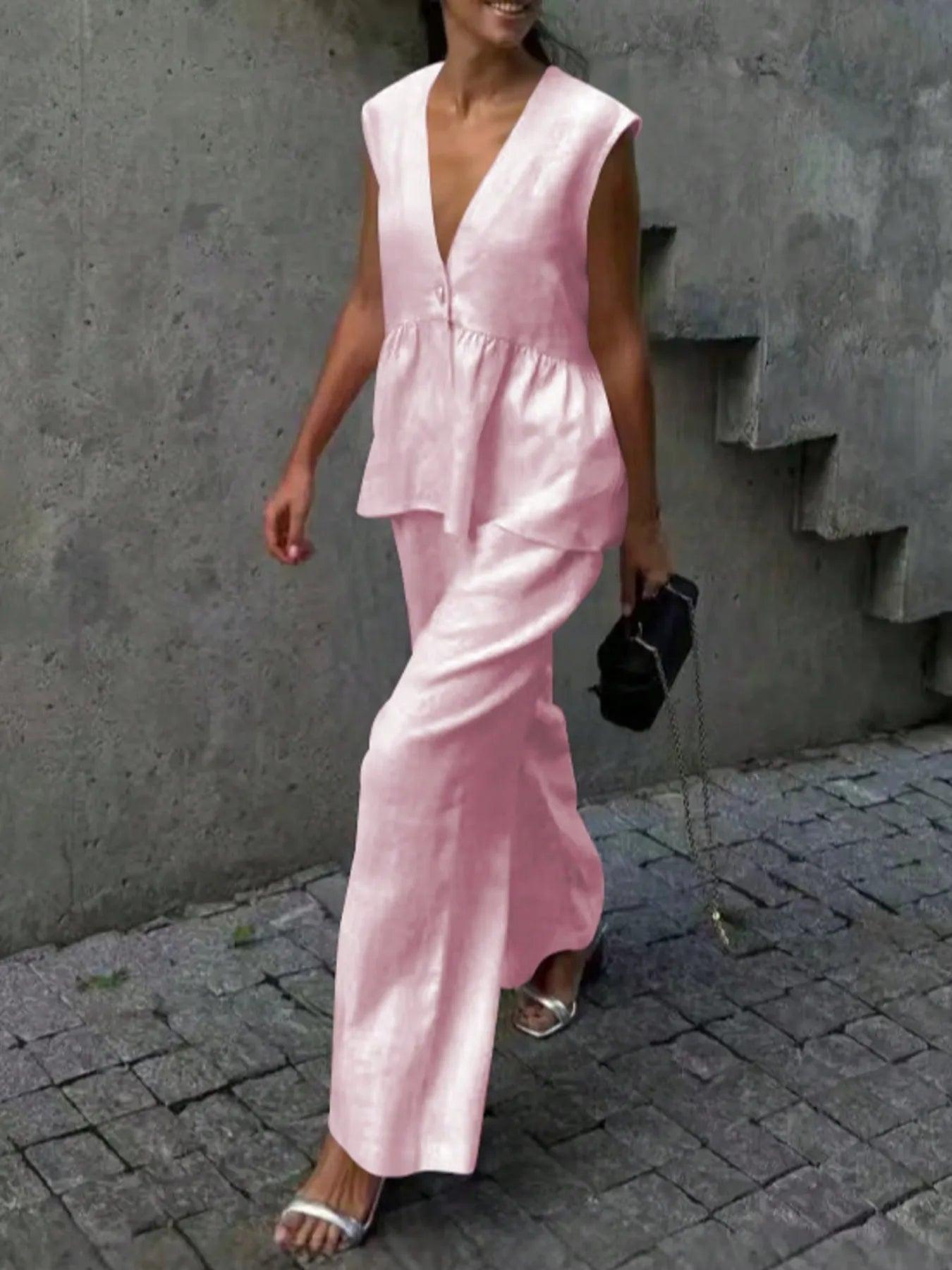 Button Down Peplum Vest and Pants Set Product Image