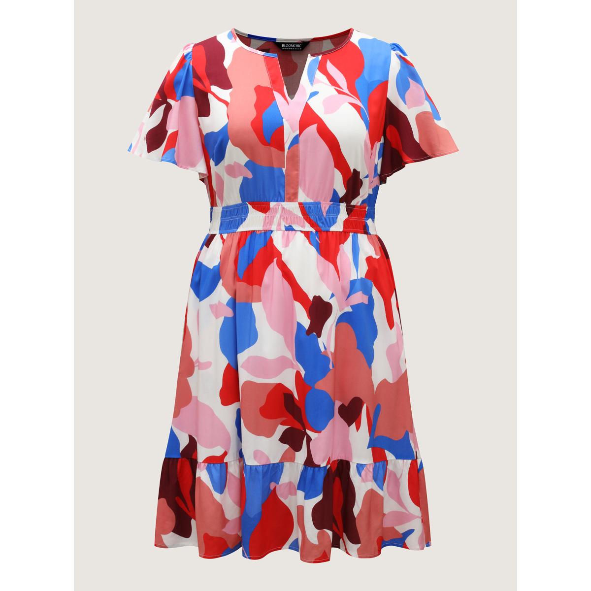Plus Size Color Block Stretchy Notched Midi Dress Multicolor Women Flat collar with V-notch Cap Sleeve Curvy BloomChic 28/5X Product Image
