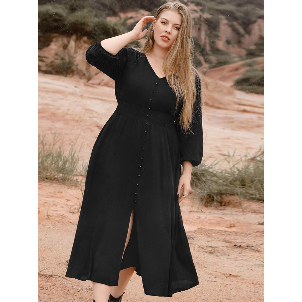 Plus Size Solid V Neck Lantern Sleeve Pocket Button Shirred Split Dress Black Women Elegant Elastic Waist V-neck Elbow-length sleeve Curvy Midi Dress BloomChic 22-24/3X Product Image