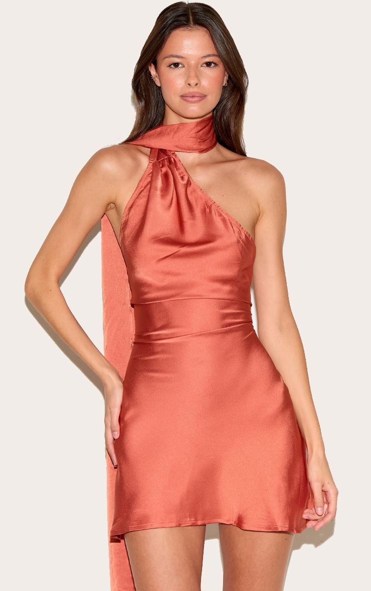 Burnt Orange Satin Scarf Detail Bodycon Dress Product Image