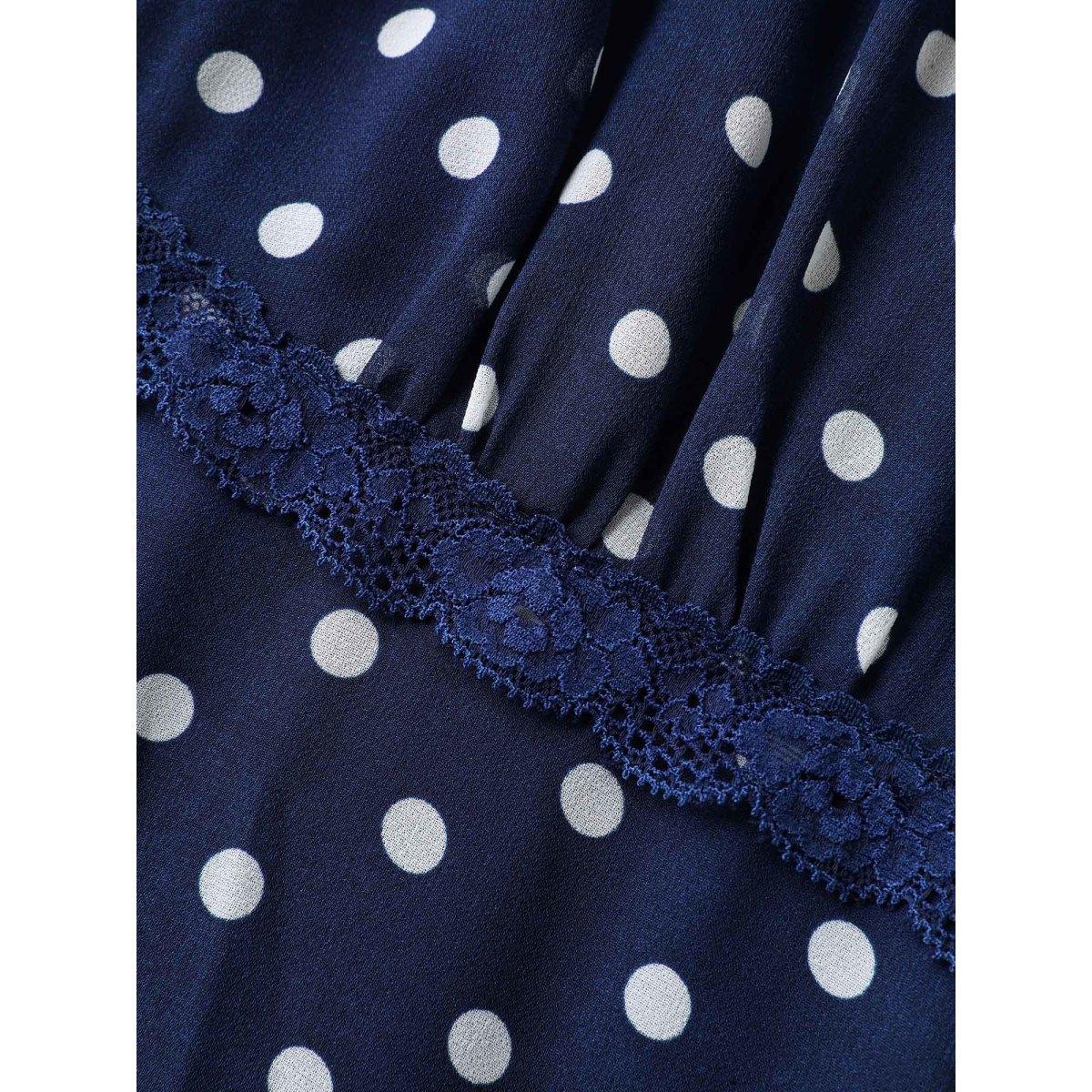 Plus Size Chiffon Polka Dot Print Pockets Midi Dress DarkBlue Women Elegant V-neck Short sleeve Curvy BloomChic 14-16/1X Product Image