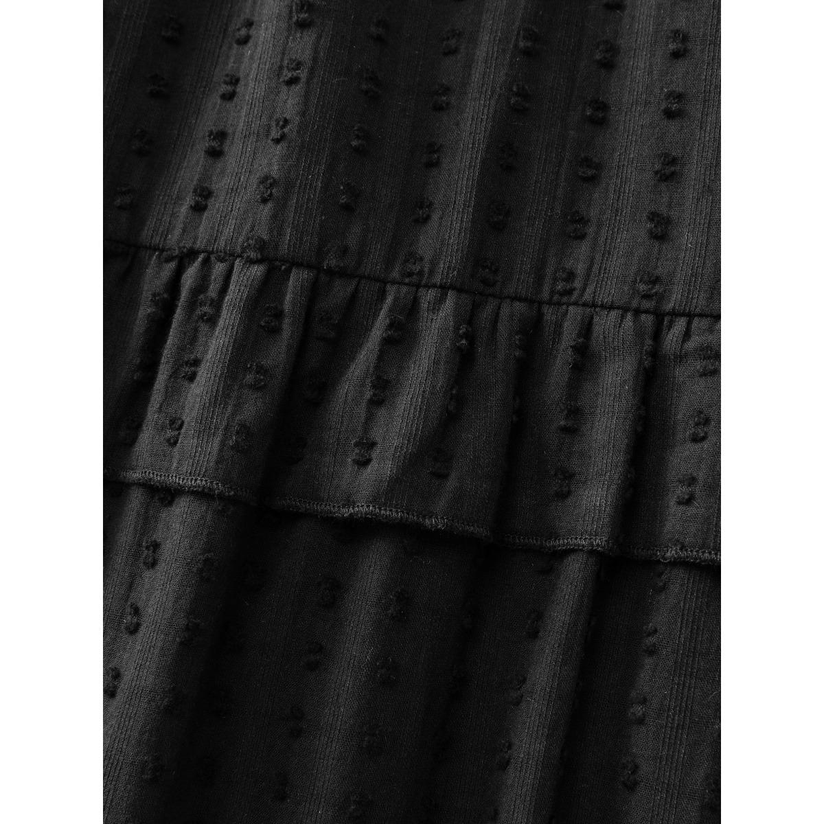 Plus Size Ruffled Tiered Drawstring Neckline Maxi Dress Black Women Leisure Tie knot Flat collar with V-notch Extra Long Sleeve Curvy BloomChic 12/L Product Image