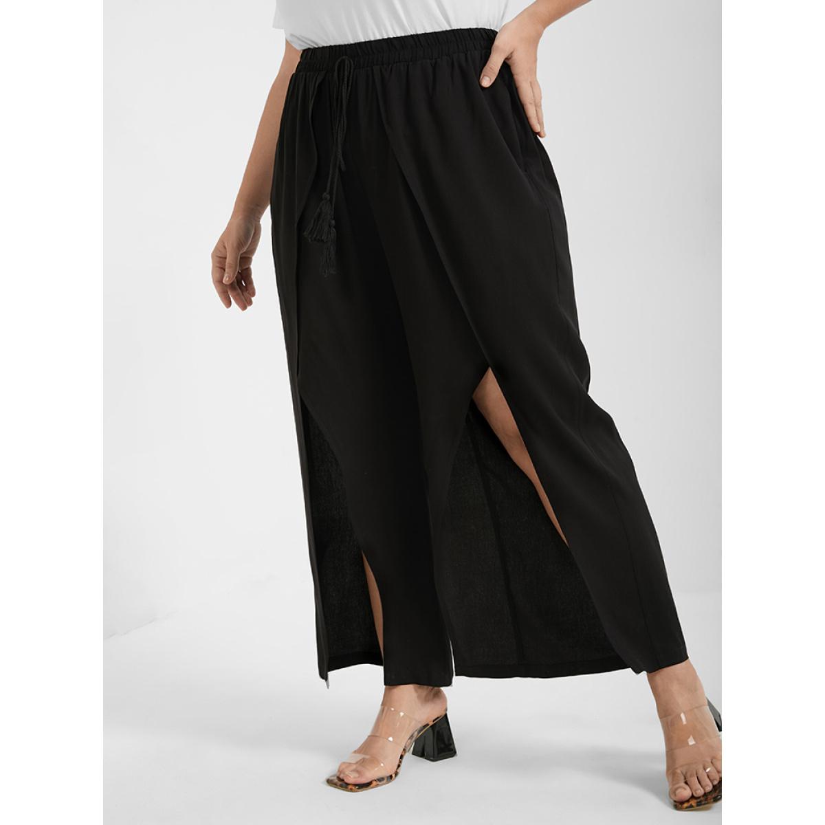 Plus Size Solid Wrap Split Pocket Knot Waist Pants Women Black Casual Wide Leg High Rise Dailywear Pants BloomChic 10/M Product Image