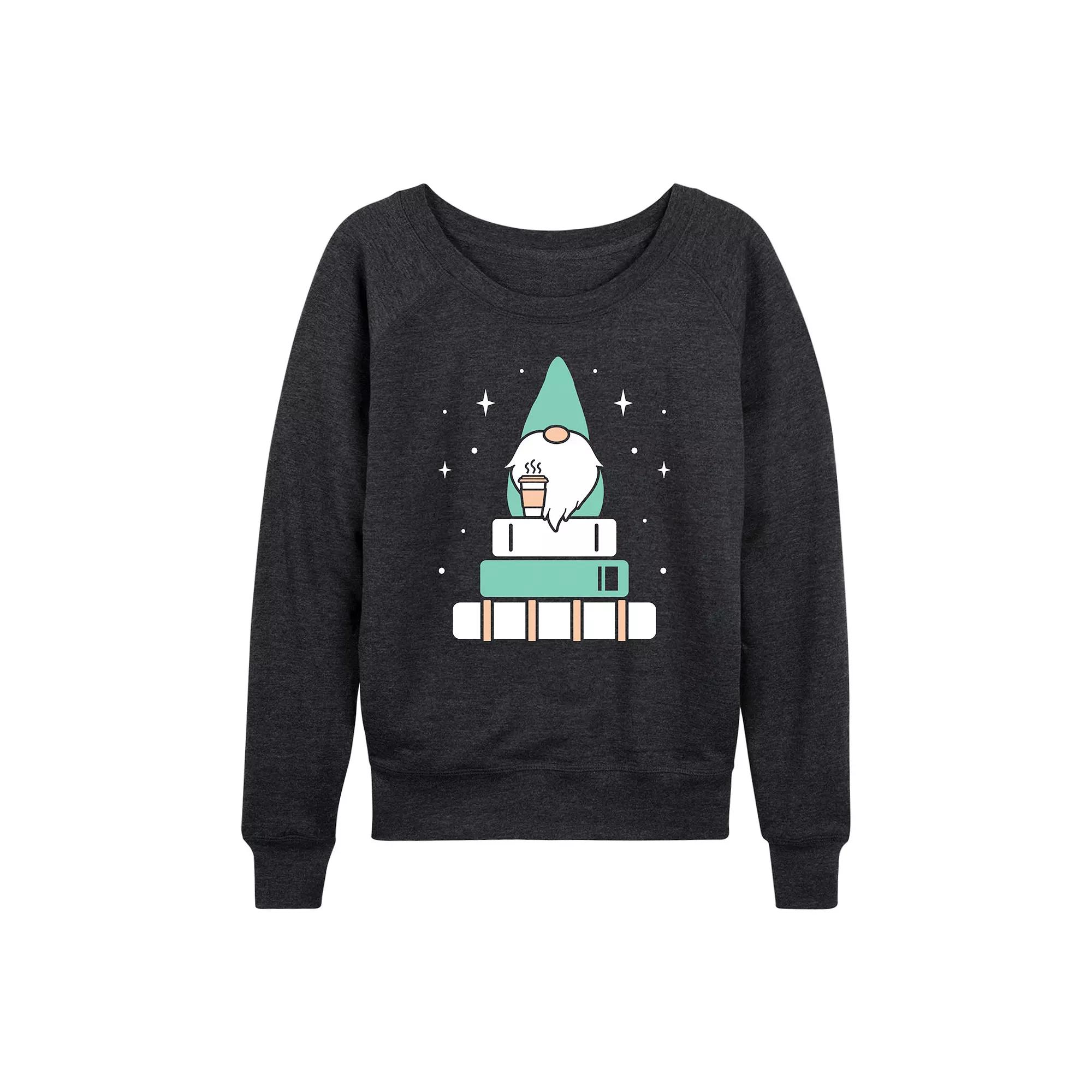 Women's Gnome with Coffee and Books French Terry Long Sleeve Tee,  Product Image