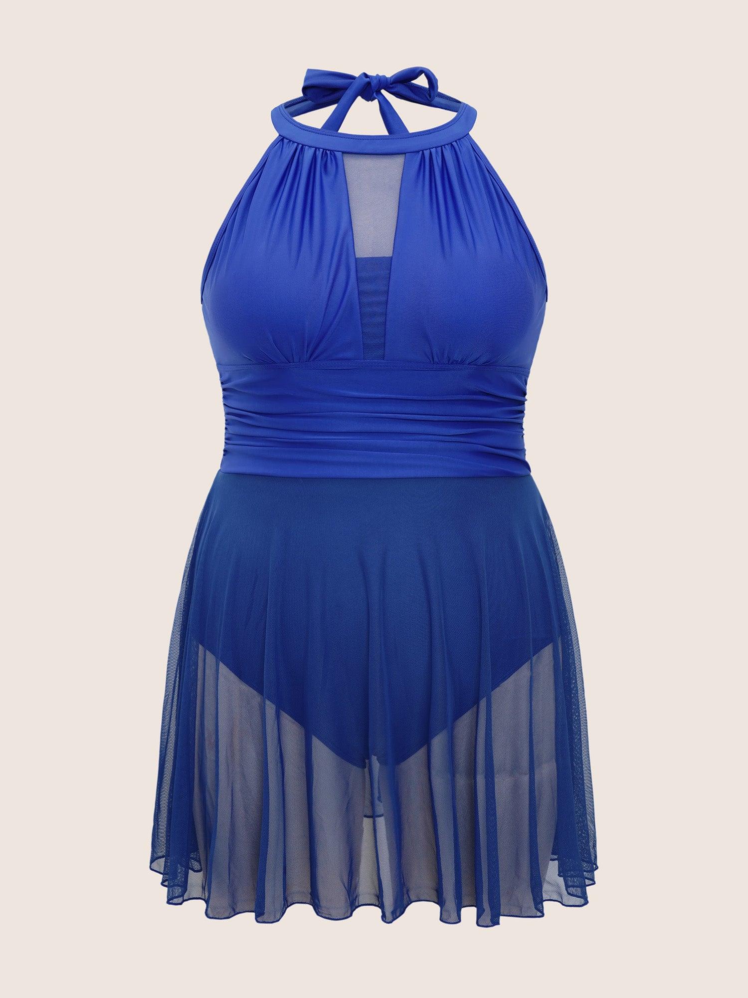 Knotted Back Mesh Insert Halter Swim Dress Female Product Image