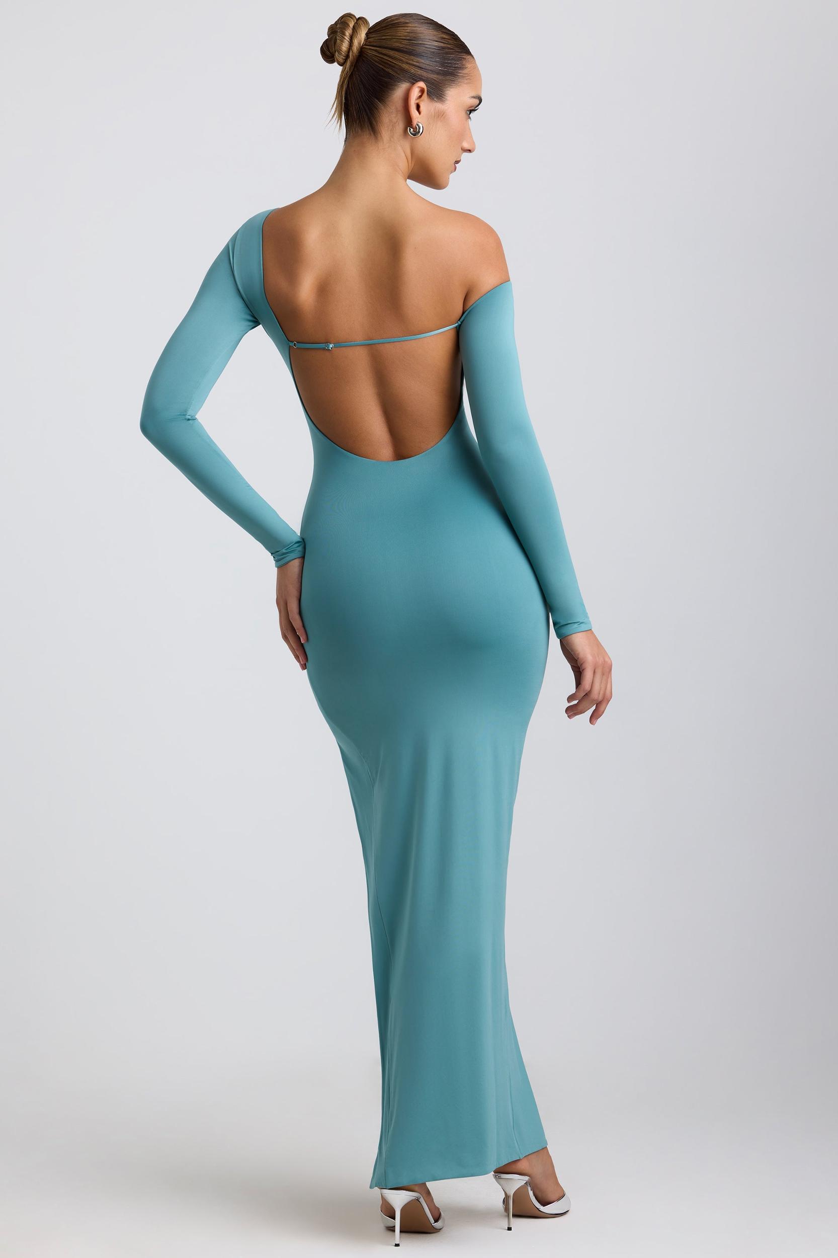 Slinky Jersey Asymmetric Ruched Hardware Detail Maxi Dress in Sea Green Product Image