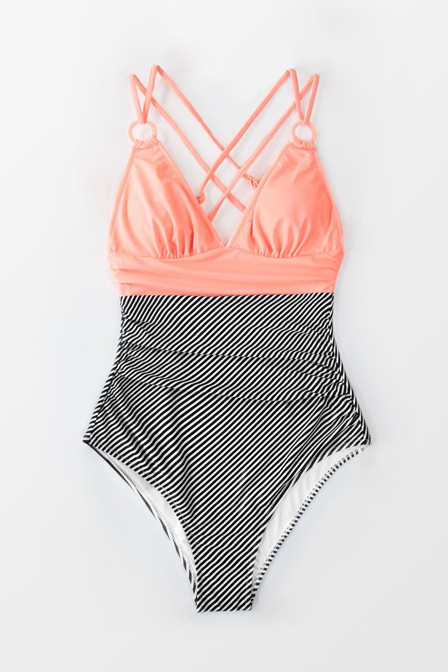 Peachy and Striped Gathered One Piece Swimsuit Product Image