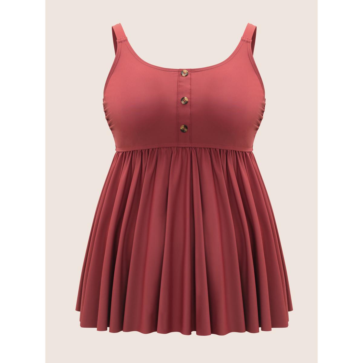 Plus Size Plain Gathered Button Detail Swim Top Women's Swimwear Rust Beach Non High stretch Bodycon U-neck Curve Swim Tops BloomChic 26/4X Product Image