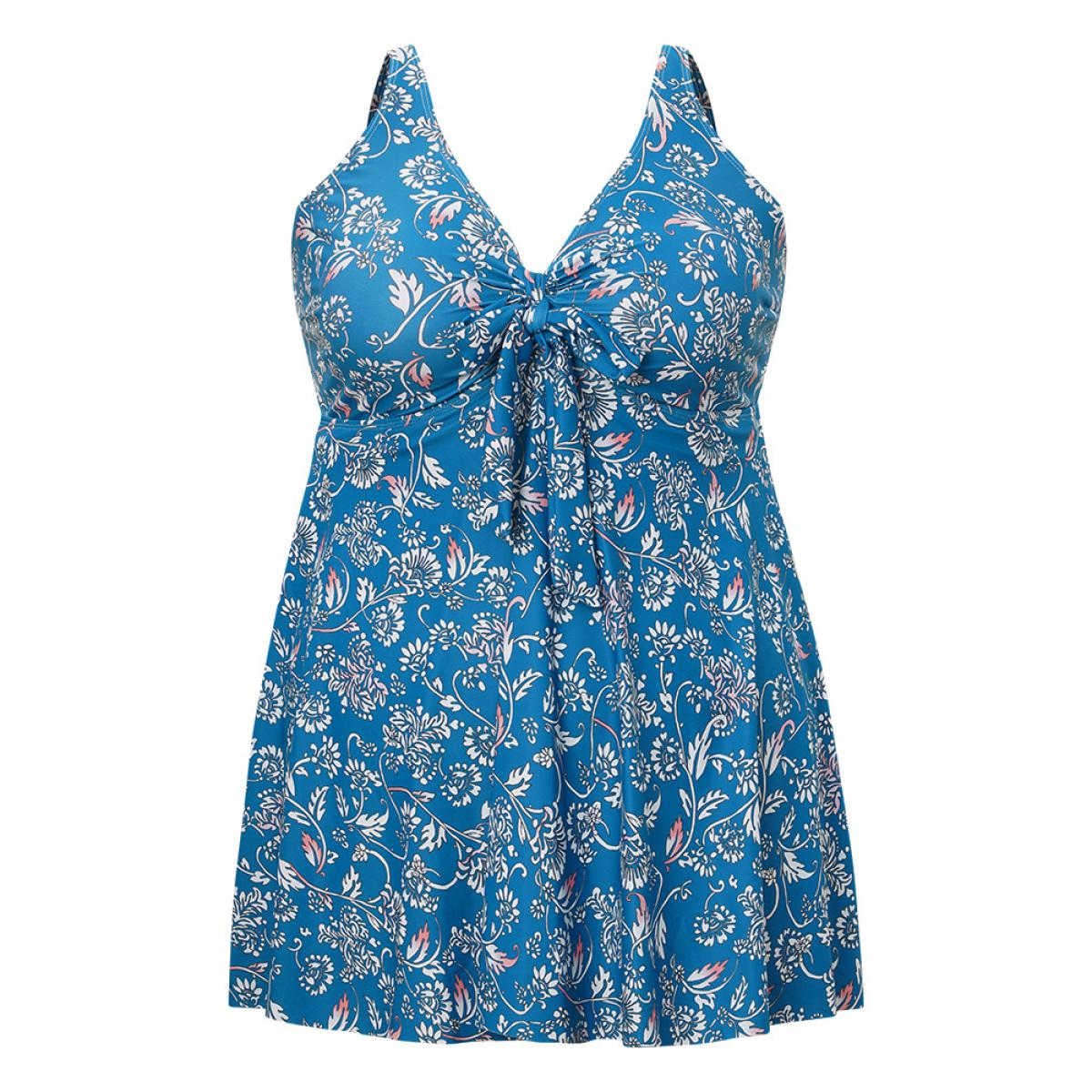 Plus Size Floral Print Ruffle Hem Knot Front Ruched Swim Dress Women's Swimwear Blue Vacation Bodycon V-neck High stretch Curve Swim Dresses BloomChic 14-16/1X Product Image