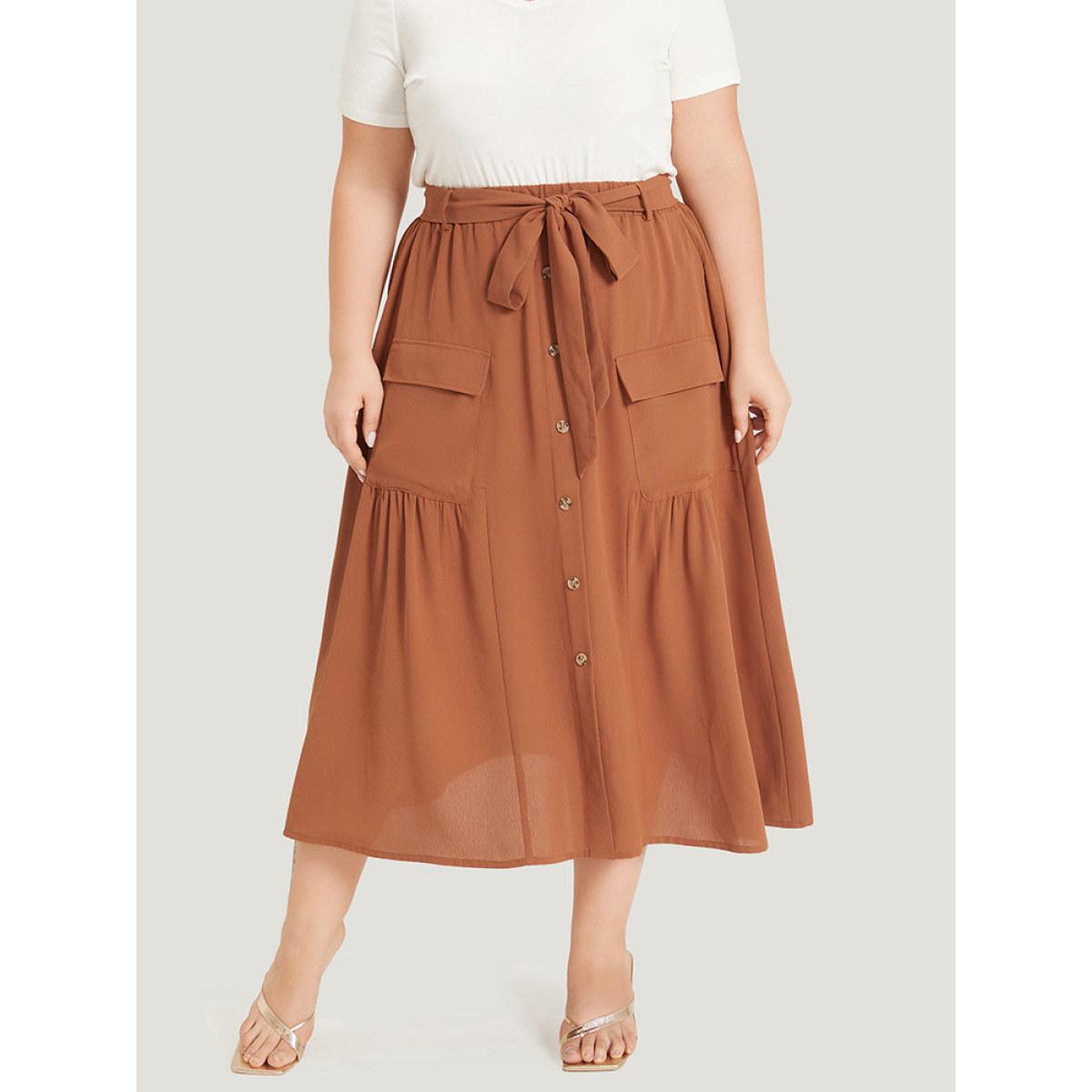 Plus Size Contrast Button Detail Flap Pocket Gathered Skirt Women OrangeRed Elegant Belted No stretch Pocket Dailywear Skirts BloomChic 22-24/3X Product Image