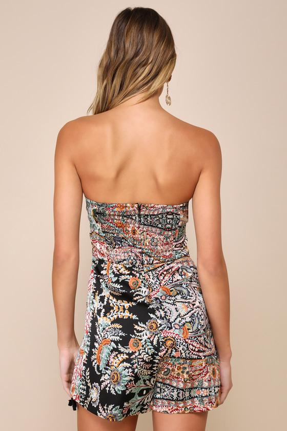 Bohemian Perfection Black Boho Floral Strapless Tasseled Romper Product Image