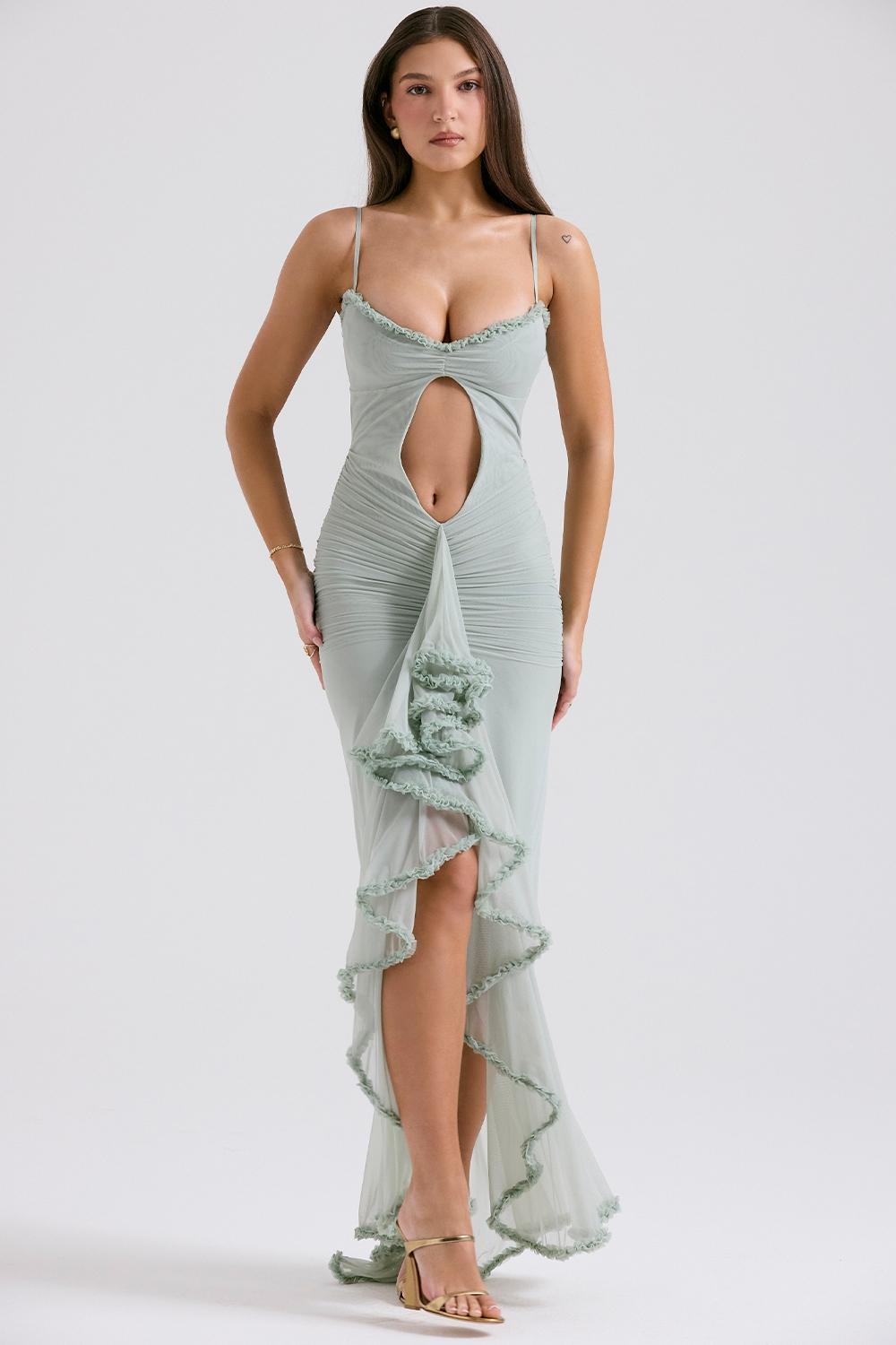 Gabriella  pistachio ruffled front gown Product Image