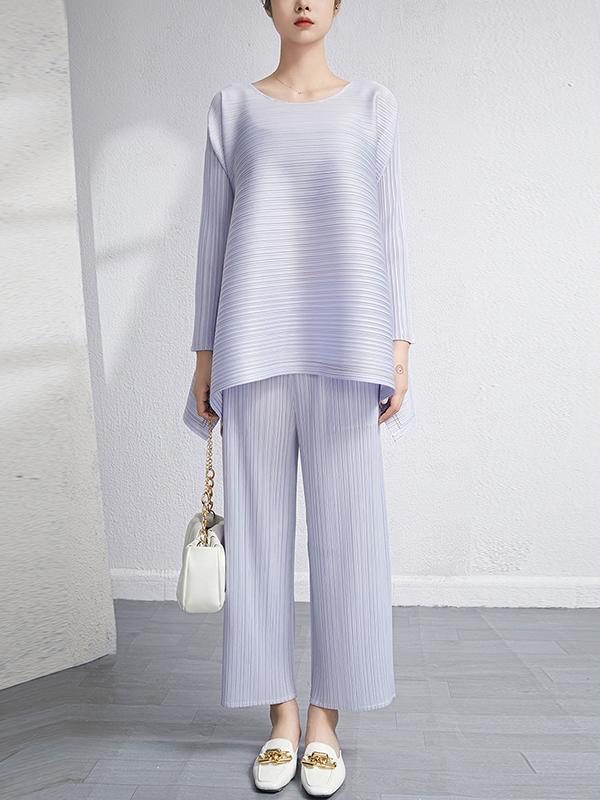 Loose Pleated Solid Color High-Low Round-Neck T-Shirts  + Pants Two Pieces Set Product Image
