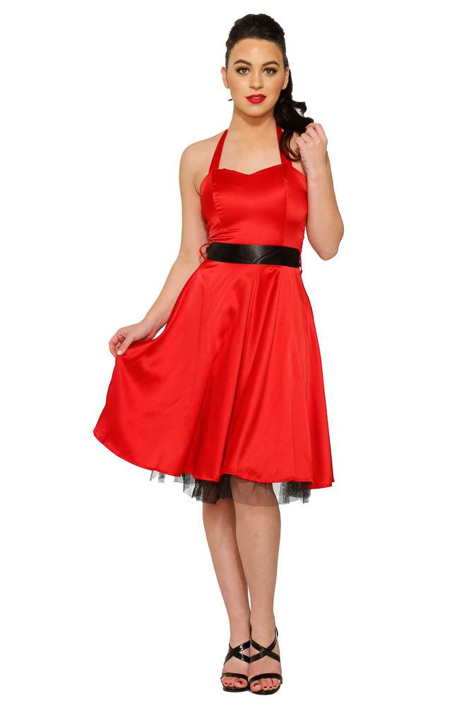 Red Satin Halter Swing Dress Product Image