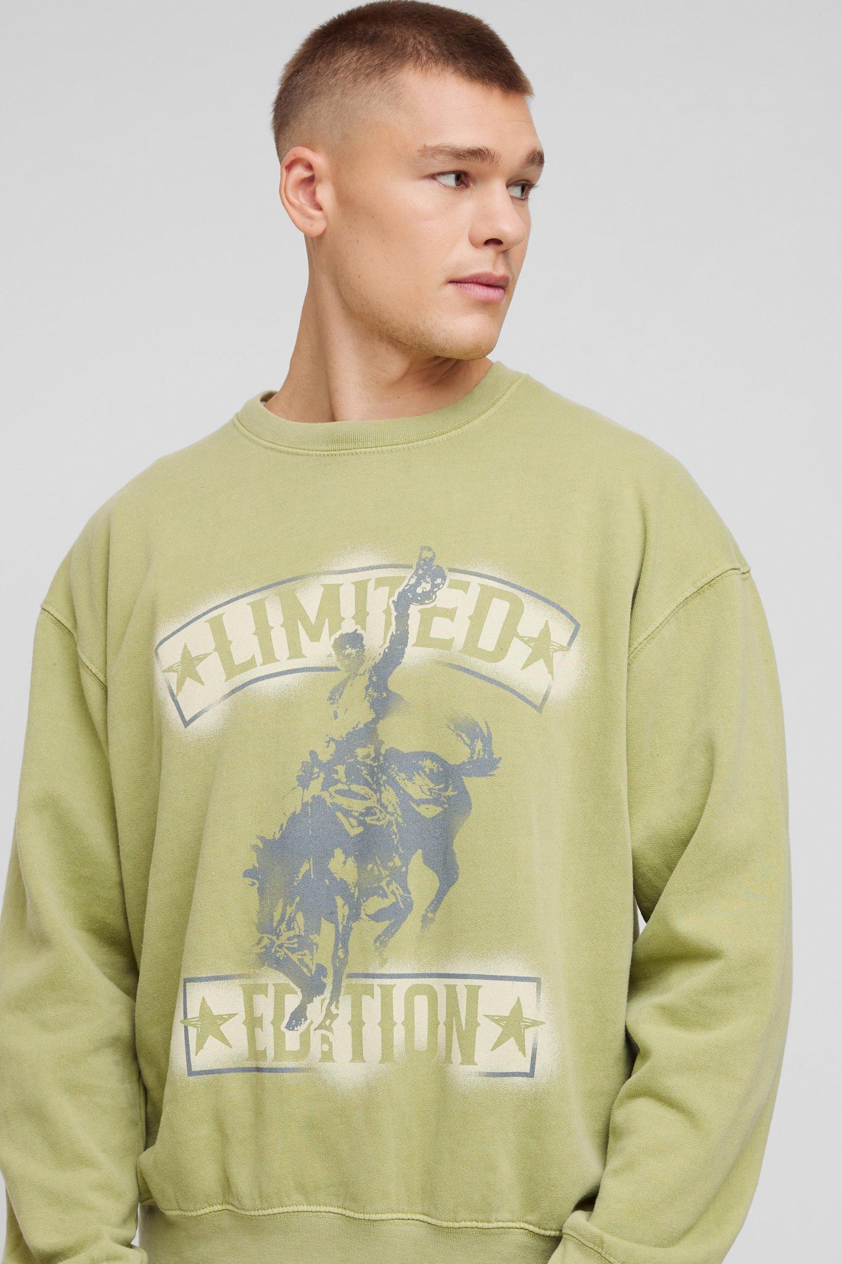Oversized Limited Western Graphic Washed Sweatshirt | boohooMAN USA Product Image