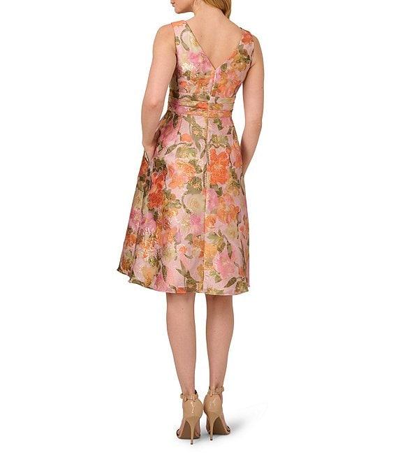 Adrianna Papell Jacquard Floral Print V Neck Sleeveless A Line Dress Product Image