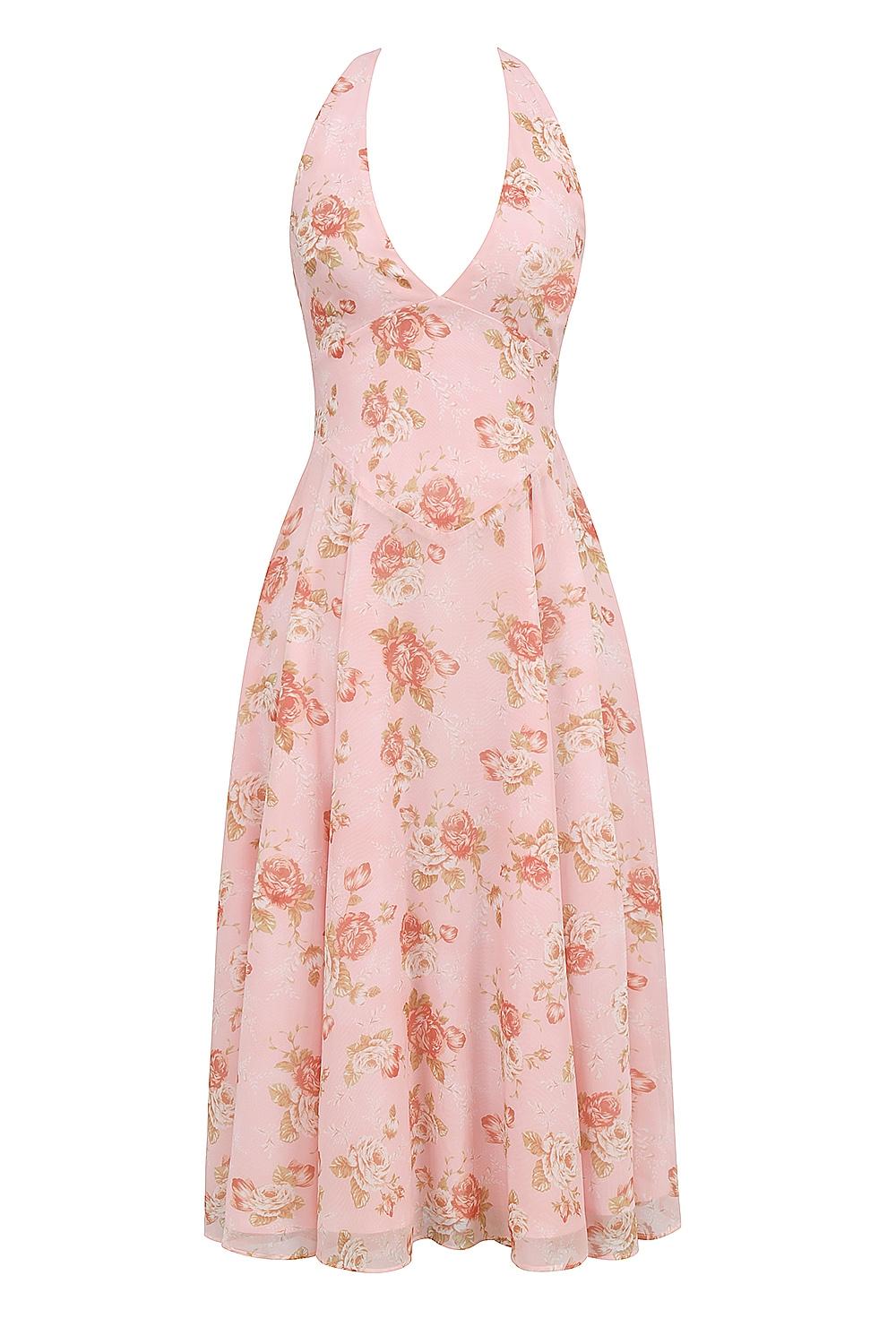Solada  english vintage rose print georgette halter sundress Product Image