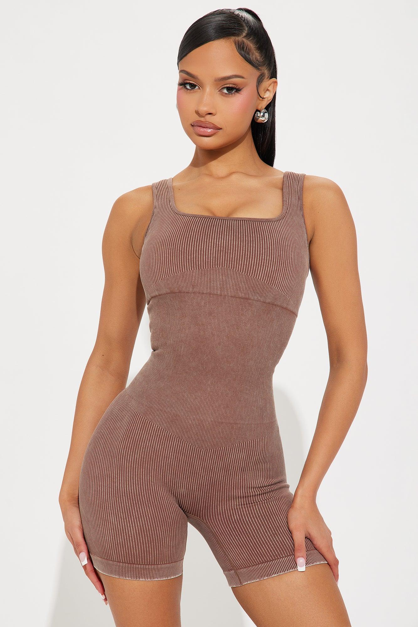 Tessa Washed Ribbed Active Romper - Chocolate Product Image