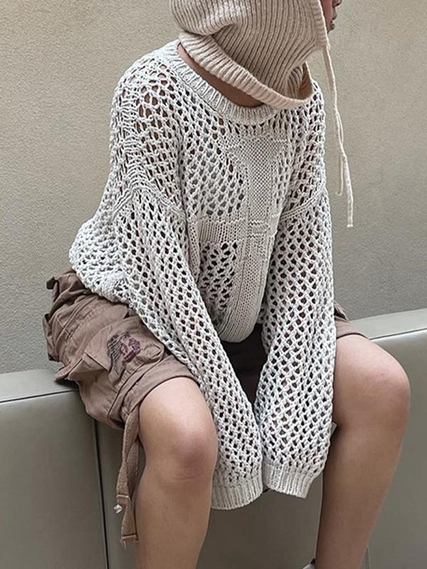 Cross Pattern Crochet Hollow Long Sleeve Knit Top Product Image