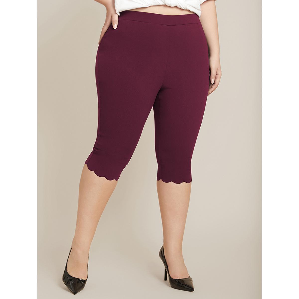 Plus Size Solid Scalloped Trim Elastic Waist Skinny Leggings Women Scarlet Elegant Low stretch Skinny High Rise Everyday Leggings BloomChic 30/6X Product Image