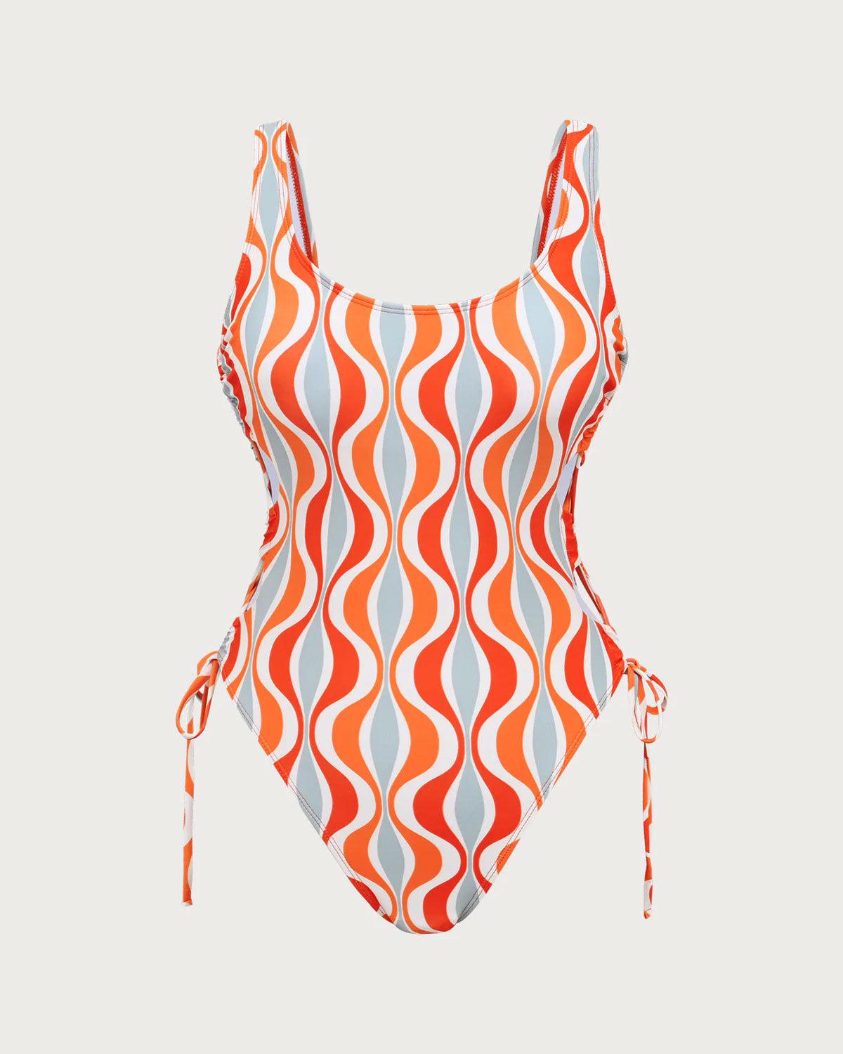 Orange Knitted Geometric Print Cutout One-Piece Swimsuit Product Image