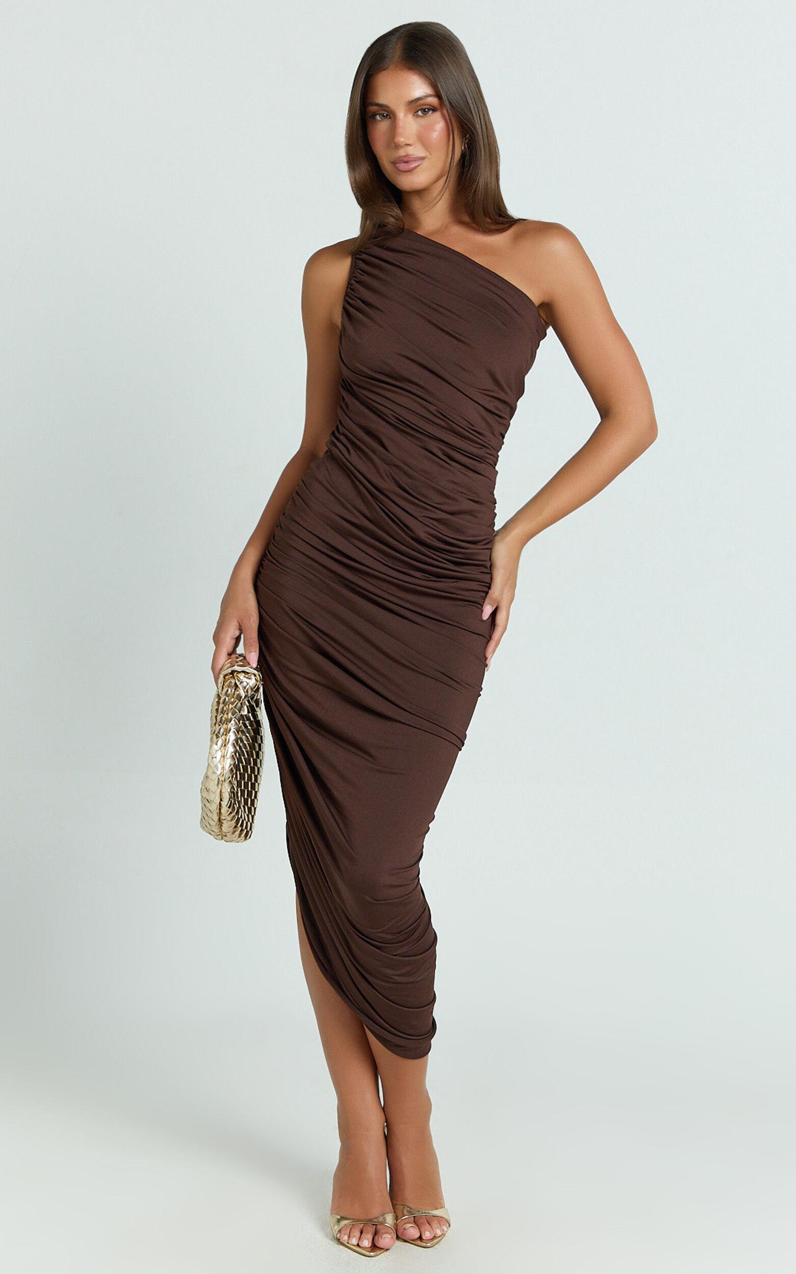 Lovlin Midi Dress - One Shoulder Ruched Dress in Chocolate Product Image